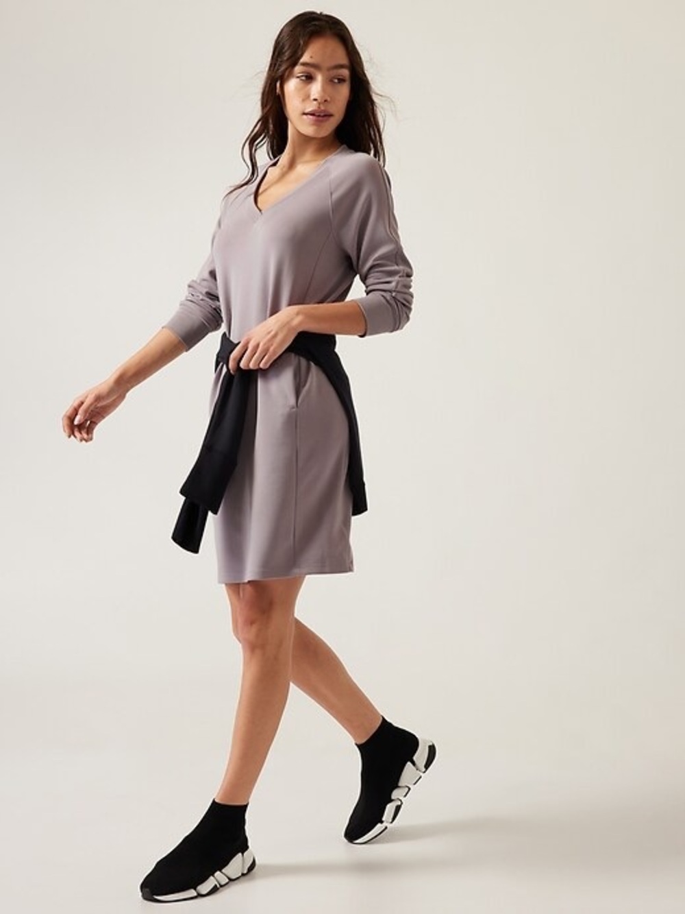 Athleta Seasoft  Long Sleeve Dress in Tinsel Purple V neck Size Large